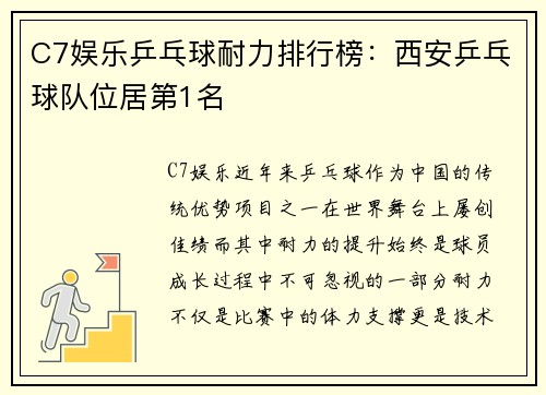 C7娱乐乒乓球耐力排行榜：西安乒乓球队位居第1名